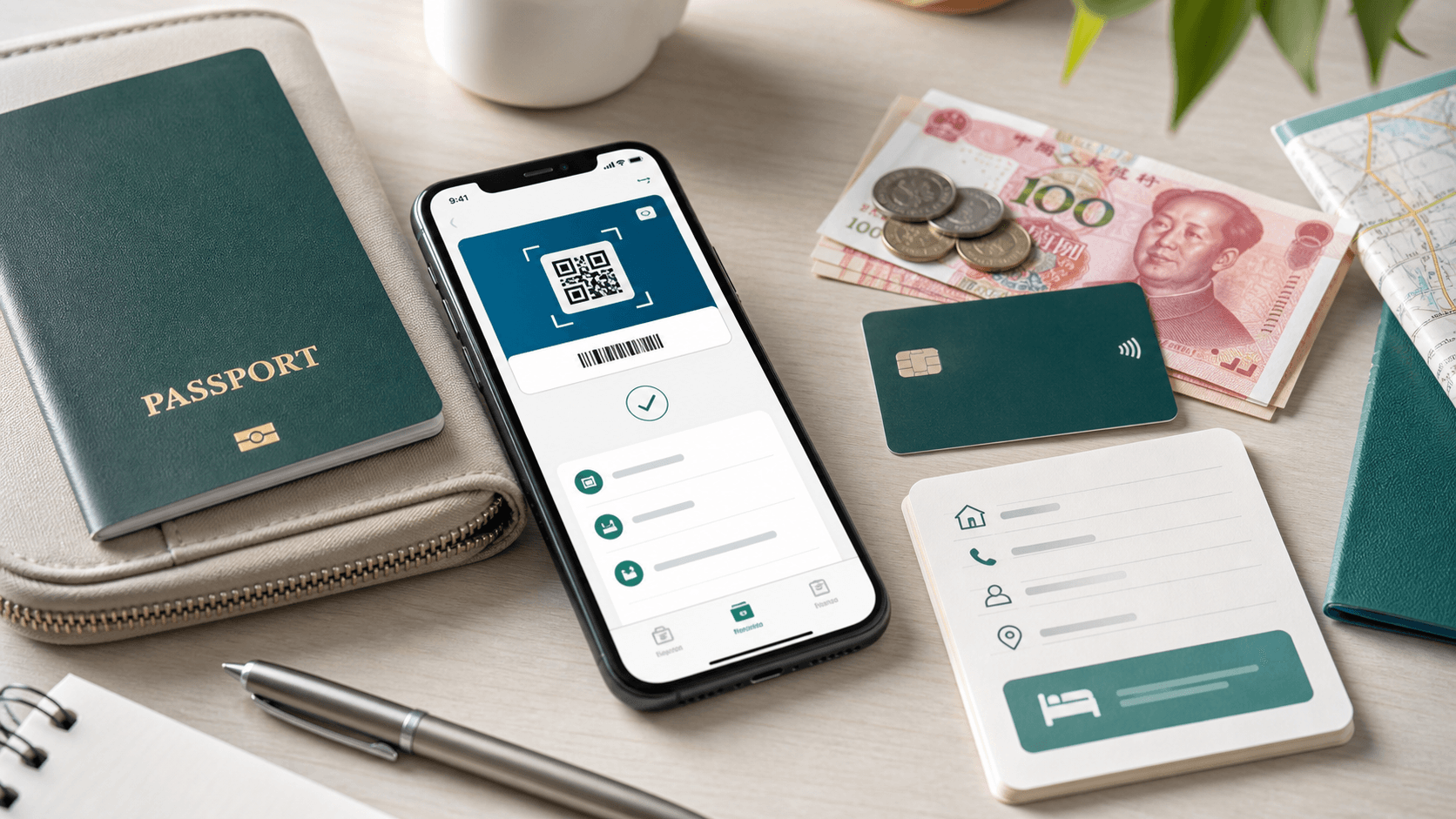 Travel desk with smartphone payment checklist, passport, bank card, RMB cash, and hotel address note.