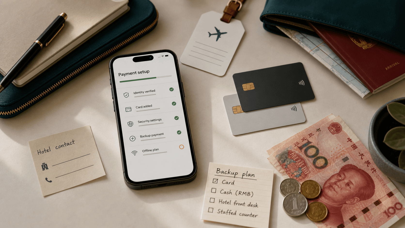 Payment preparation desk with smartphone checklist, unbranded cards, RMB cash, luggage tag, and backup plan note.